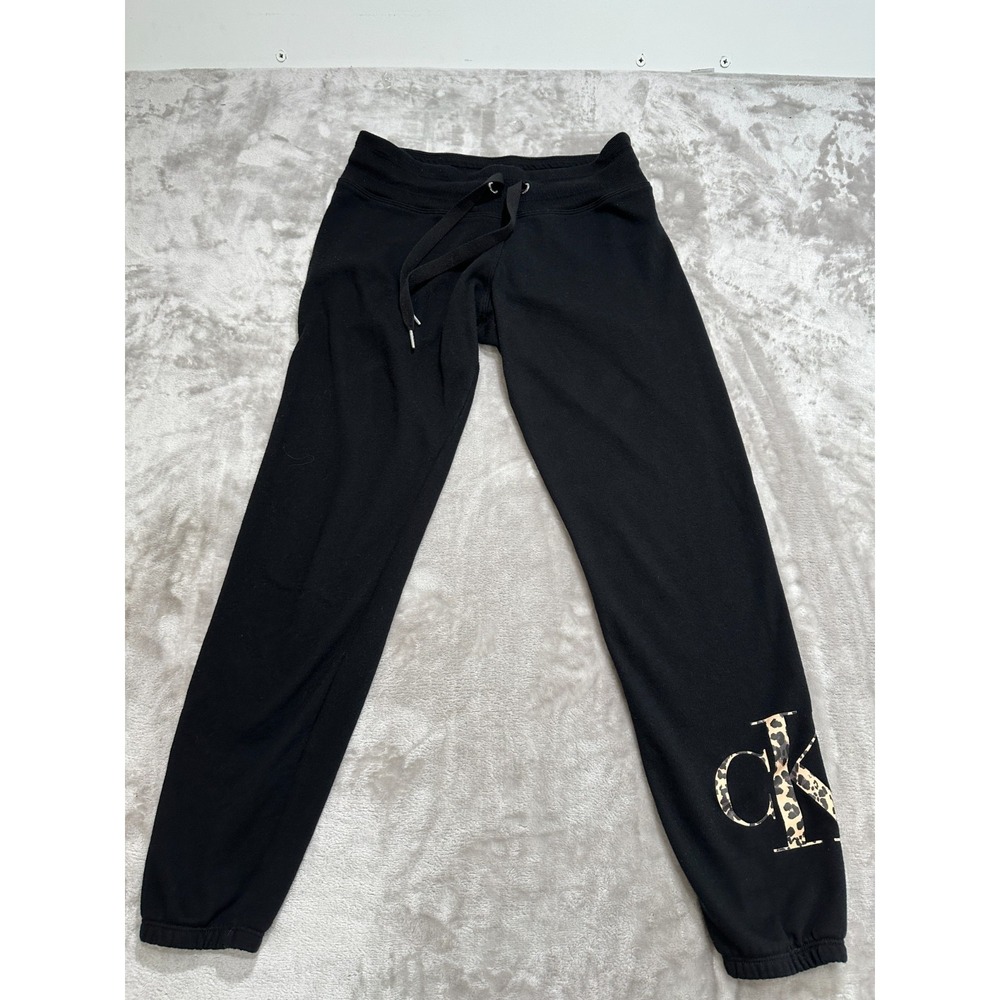 Calvin Klein Sweatpants Joggers Womens Size Small Black Leopard Logo Print EUC